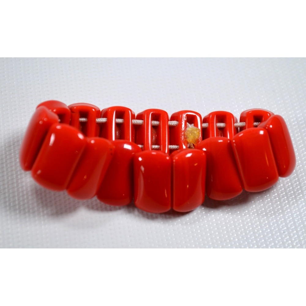 Vintage Glass Oval Dark‎ Orange Bead Stretch Bracelet Marked Japan 6.25"